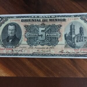 BILLETE DE COLECCION CINCO PESOS BANCO ORIENTAL DE MEXICO AÑO 1910
