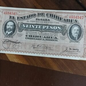 BILLETE DE COLECCION DE VEINTE PESOS DOS CARITAS ESTADO DE CHIHUAHUA AÑO 1914