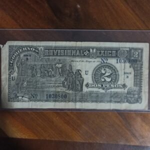 BILLETE DE COLECCION DOS PESOS GOBIERNO PROVISIONAL DE MEXICO AÑO 1916