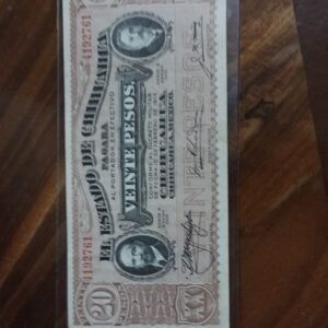 BILLETE DE COLECCION VEINTE PESOS ESTADO DE CHIHUAHUA AÑO 1915