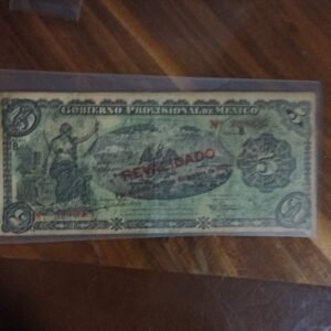 BILLETE DE COLECCION CINCO PESOS GOBIERNO PROVISIONAL DE MEXICO AÑO 1914