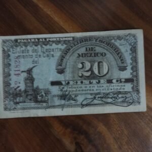 BILLETE DE COLECCION VEINTE PESOS DE TOLUCA AÑO 1915