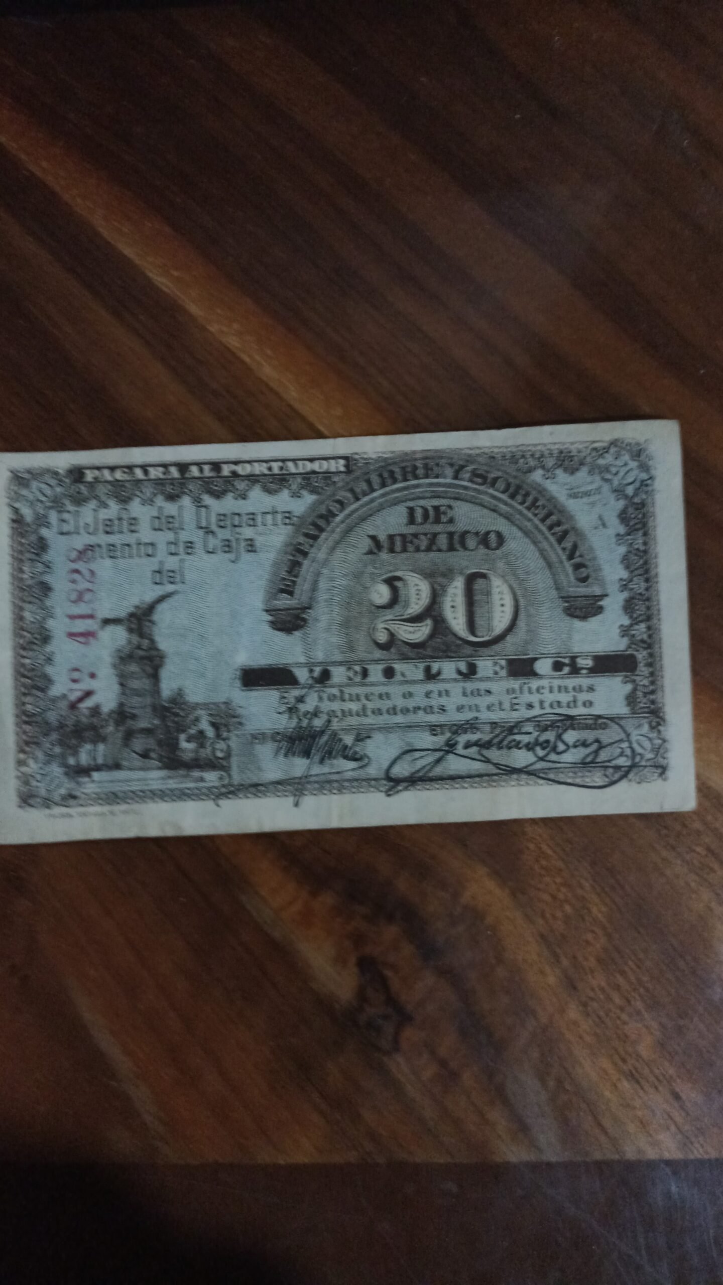 BILLETE DE COLECCION VEINTE PESOS DE TOLUCA AÑO 1915