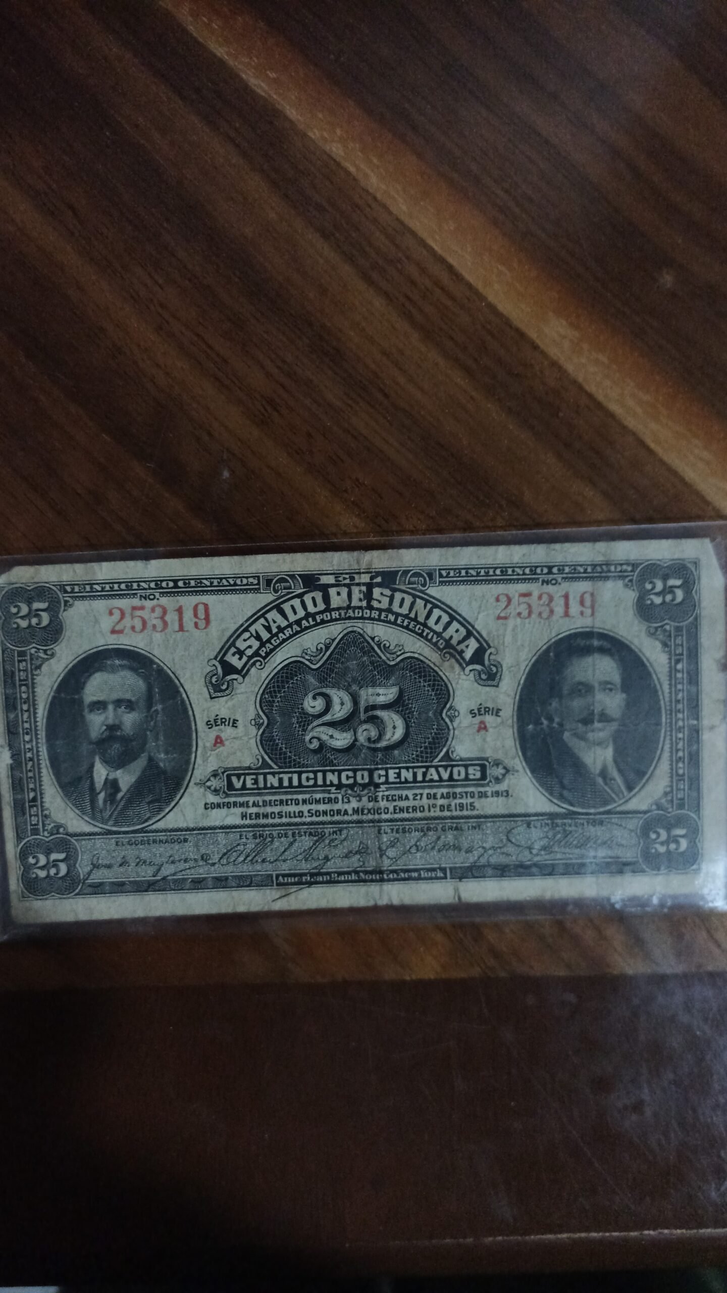 BILLETE DE COLECCION VEINTI CINCO CENTAVOS SONORA SERIE A AÑO 1915