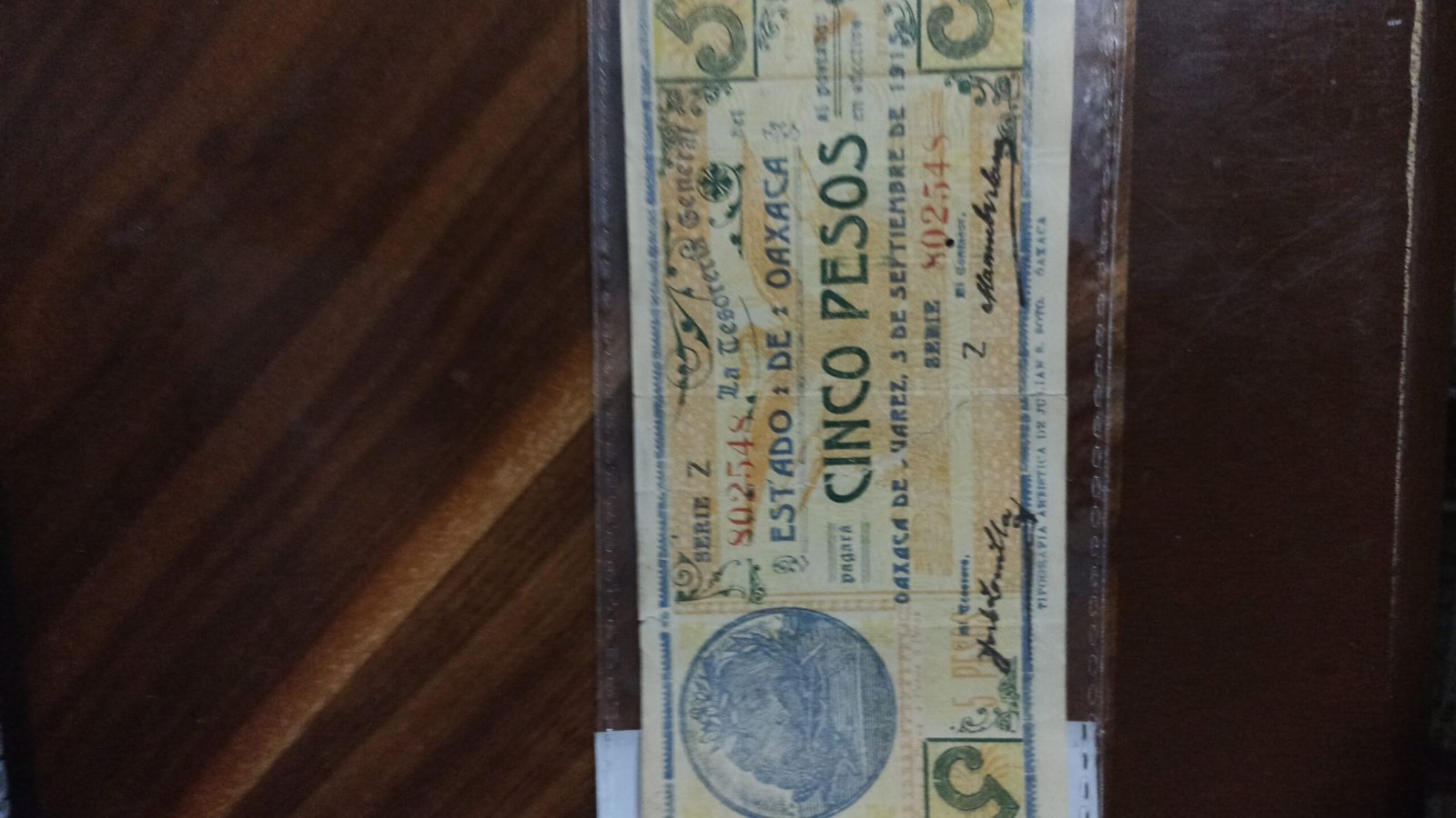 BILLETE DE COLECCION CINCO PESOS DE OAXACA JUAREZ AÑO 1915 - Image 3